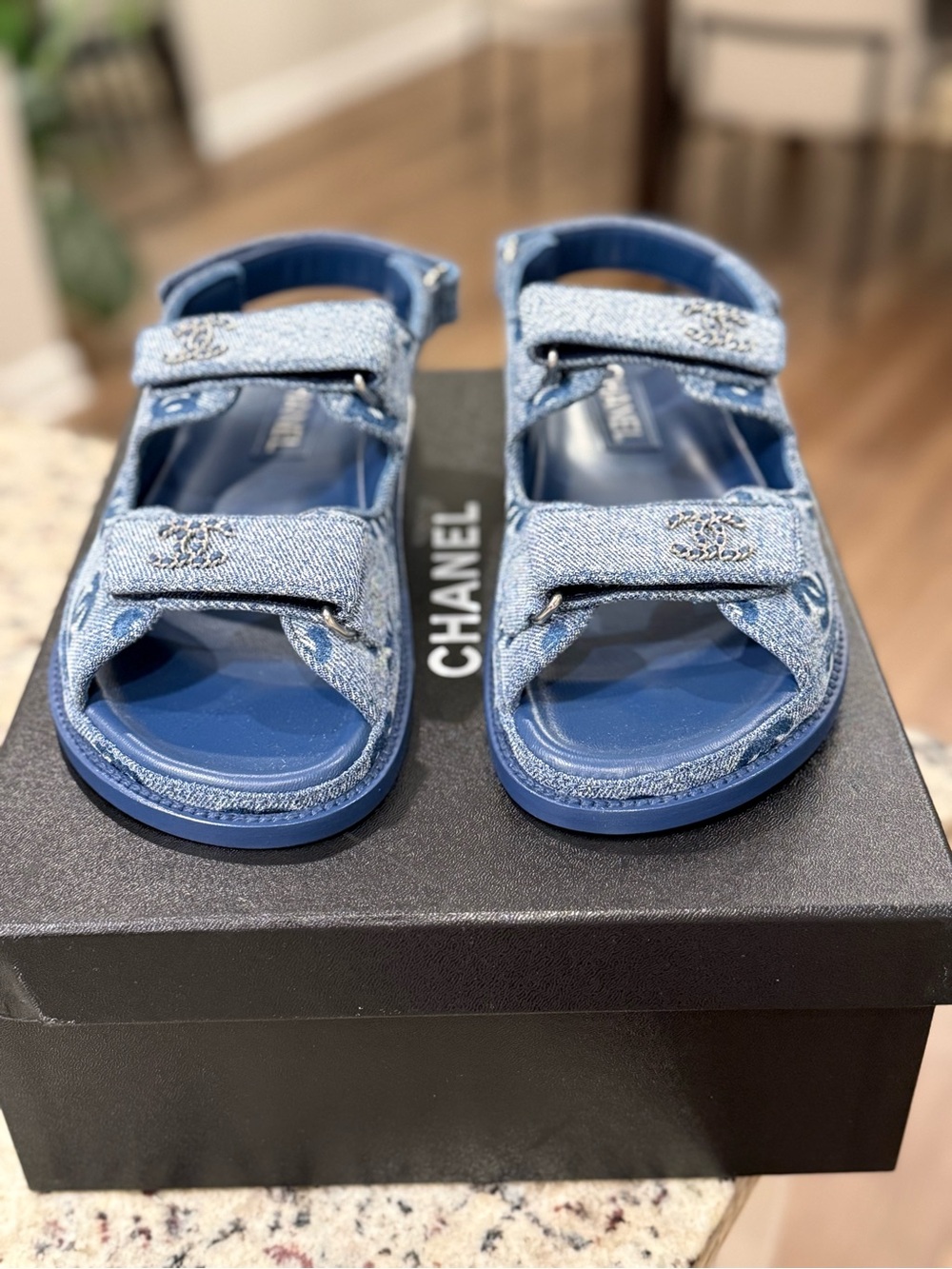 *Never Worn*CHANEL Blue Denim CC Printed Logo "Dad" Teva Sandals Flat Mule Slide